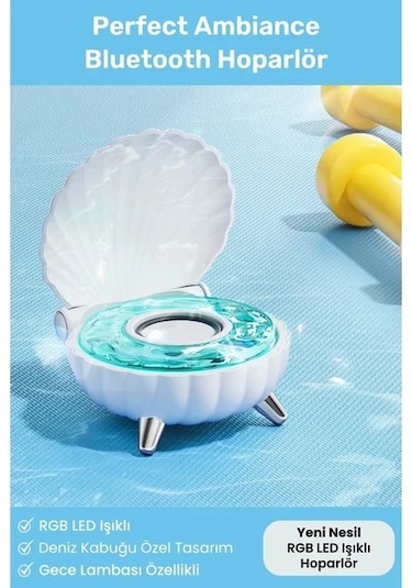 Oldfriend Mavi Deniz Kabuğu Okyanus Sesli Rgb Led Gece Lambası Kablosuz Bluetooth Hoparlör