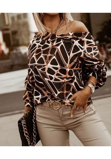 Modasize Kadın Uzun Kollu V Yaka Düşük Omuz Geometrik Desen Şardonlu Dalgıç Bluz Desenli