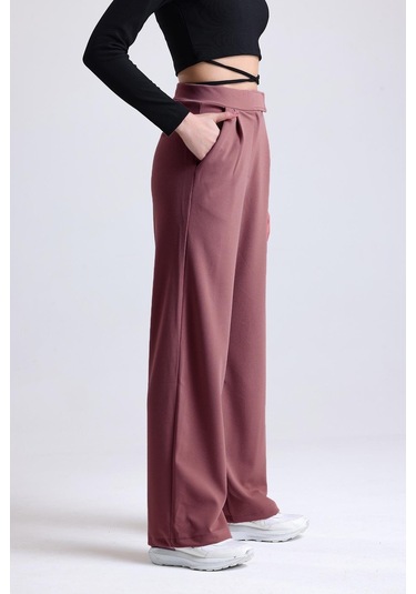 Kadın Wide Leg Likralı Cırt Kapamalı Lastikli Palazzo Pantolon - Vişne Çürüğü Gülkurusu