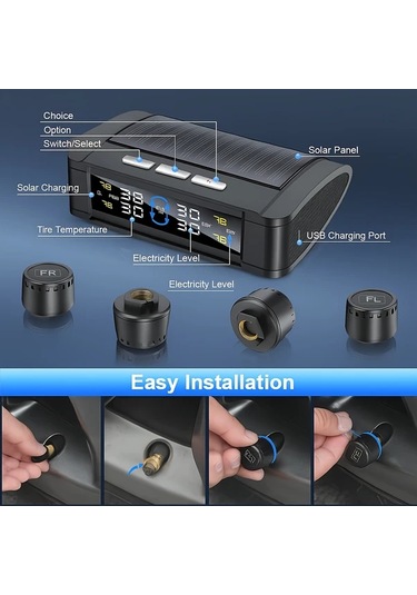 Boatshop1 Siyah 4 Sensörlü Ynf Tpms Lastik Basıncı Ve Sıcaklık Monitörü Güneş Usb Güçlü Zararsız Kurulum Titreşim Alarmı Tüm Araçlara Uygun