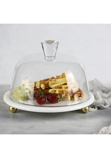 Akayev Mermer 25 CM Altın Boncuk Ayaklı Beyaz Cam Fanus