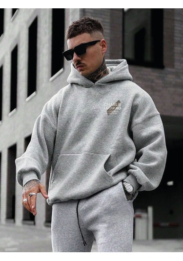 Charlie Luciano Tasarım Kışlık Sweatshirt - Gri Baskılı Oversize Şardonlu Kapüşonlu Gri