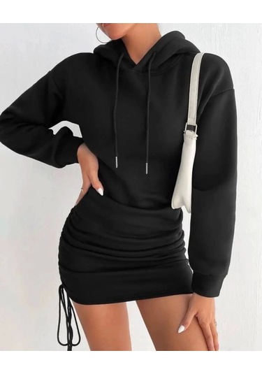 3 İplik Şardonlu Kapşonlu Elbise Siyah Siyah