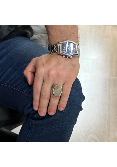 Doğal Cabochon Altın Rutilli Kuvars Taş Yüzük, Sultan Yüzük, Tasarım Gümüş Erkek Yüzüğü, 925k Sıkı Sterlin Gümüş Erkek Yüzüğü Gümüş