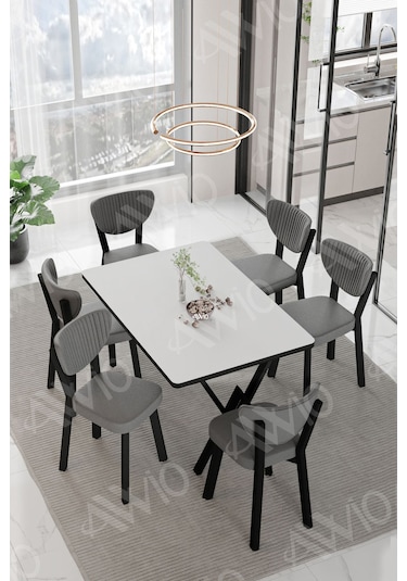 Avvio Elma Sandalye 80x140 Yemek Masası Mutfak Masası 6 Kişilik Masa Sandalye Takım Beyaz