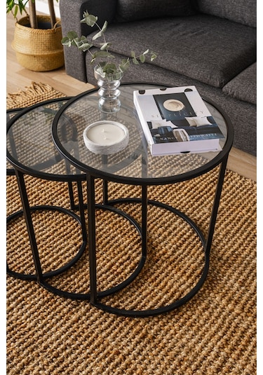 Alya Zigon Sehpa Üçlü Dekoratif Yan Sehpa Şeffaf Camlı