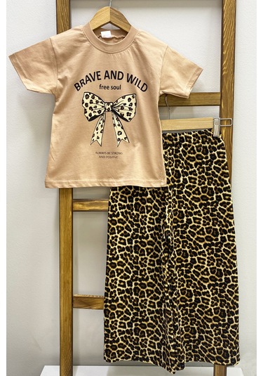 Kız Çocuk Yazlık İkili Takım Leopar Baskılı B46 Kahverengi