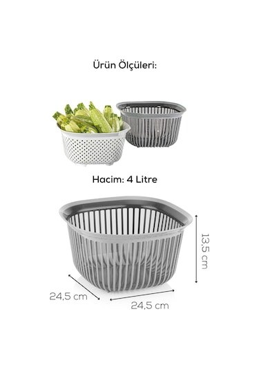 Vienev 4 Litre Kare Kase Ayrı Süzgeçli Antrasit-füme