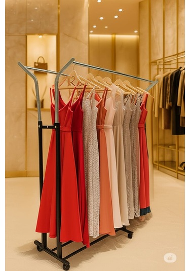 V Ayarlı 125 Cm En Çelik Konfeksiyon Elbise Askılık Tekerli Portatif E Raf Home Hanger Siyah