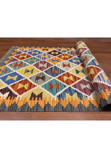 El Dokuma Afgan Kilim 100% Yün Harıka Desenlı Yolluk Çok Renkli