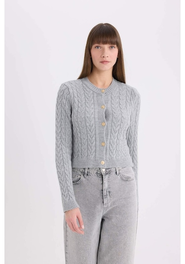 DeFacto Regular Fit Bisiklet Yaka Saç Örgülü Düğmeli Hırka C9044AX25SPGR400 Gri