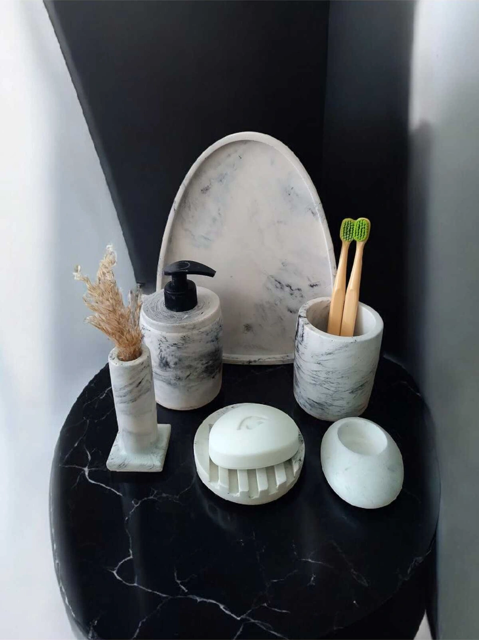 6'lı Mermer Desen Beton Banyo Seti ,sıvı Sabunluk Diş Fırçalığı Aksesuar Takım Gri