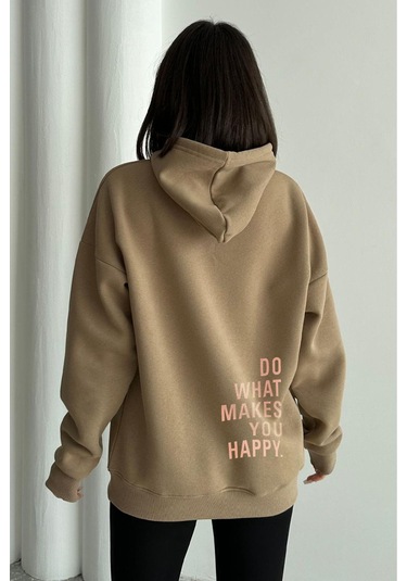 Kadın Vizon Do What Makes You Happy Baskılı Oversize Kapüşonlu Sweatshirt Ku501b-z56a-13-m Çok Renkli