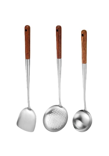 Homyl Paslanmaz Çelik Wok Spatula Kepçe Skimmer Alet Seti Gümüş GÜmüş