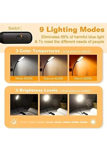Fastbuy Siyah Okuma Işığı 9 Led Şarj Edilebilir Kitap Lambası 3 Renk Modu Ayarlanabilir Parlaklık 80 Saat Pil Siyah