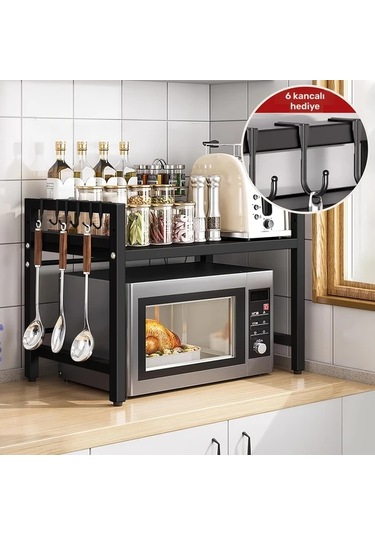 Honeybeeshop Beyaz 38 66cm 2 Katmanlı Genişletilebilir Mikrodalga Rafı Metal Mutfak Tezgahı Depolama Rafı 6 Saç Tokası İle Pratik Ev Mutfak Çözümü
