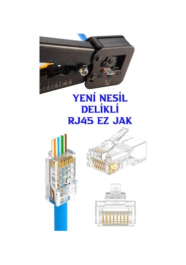 100 Adet Rj45 Cat6 Ftp Ez Konnektör - Yeni Nesil Delikli Konnektö