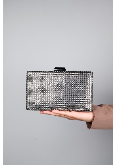 Gomeda Platin Kare Taşlı Kadın Abiye Çanta Platin Kristal
