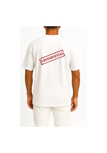 Oversize Confidentiality Secrecy Document Cep Ve Sırt Tasarımlı Unisex T-shirt Beyaz