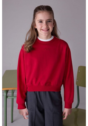 Kız Çocuk Nakış İşlemeli Kısa Kesim Sweatshirt - Kırmızı Kırmızı