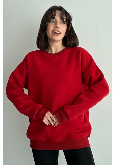 Kadın Kırmızı Bisiklet Yaka Oversize Sweatshirt Kırmızı