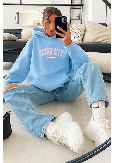 Benroma 3 İplik Penye Ocean Cıty Baskılı Sweatshırt Bebe Mavisi