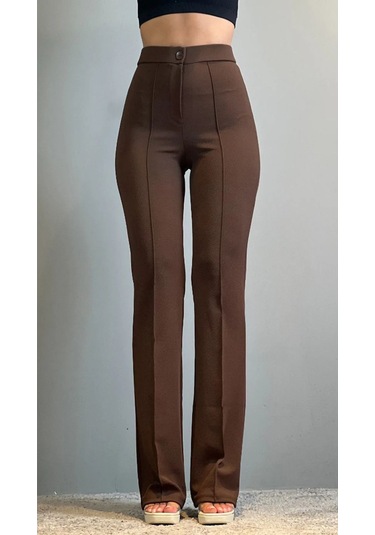 Krep Kumaş Likralı Önü Çimalı Kahverengi Kadın Palazzo Pantolon Kahverengi