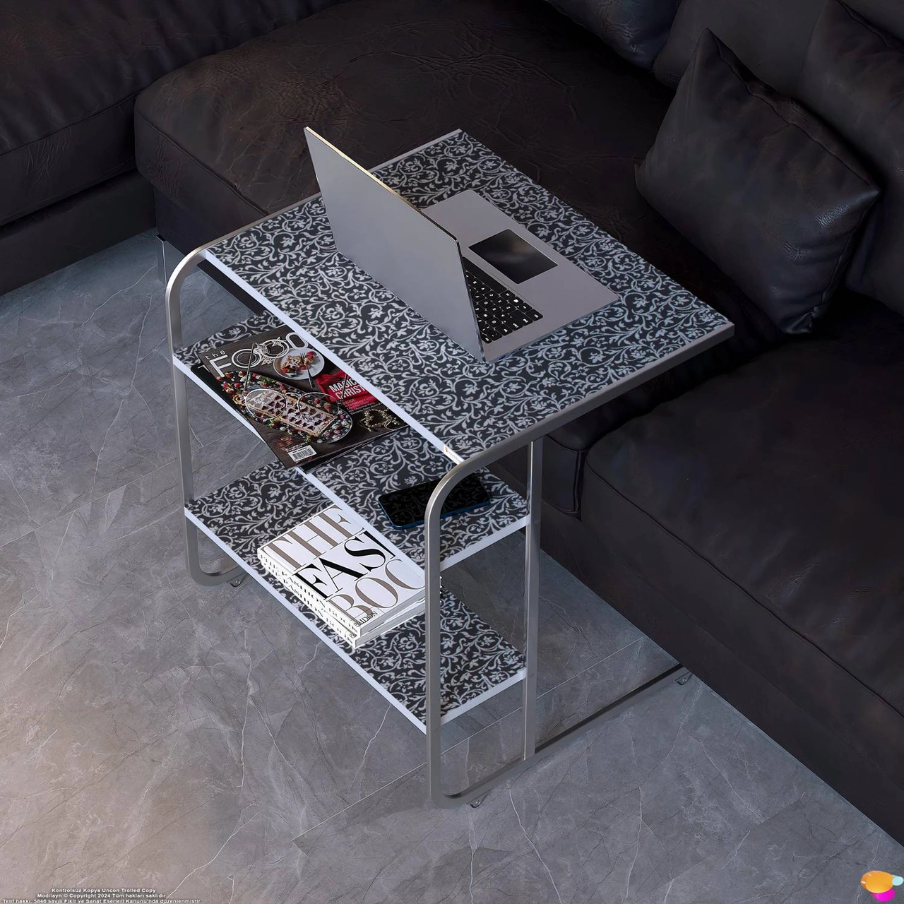 Modilayn C Yan Sehpa Geniş Boy Tekerlekli Çalışma, Atıştırmalık, Yemek, Laptop Sehpası Siyah Desenli Siyah