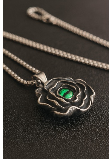 Yeşil Taşlı Paslanmaz Çelik Unisex Takı Antik Gümüş Gotik Gül Kolye Yeşil
