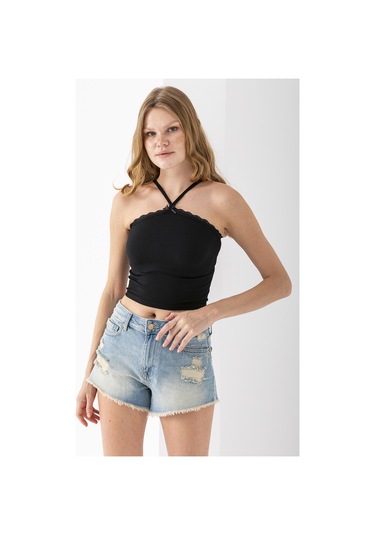 Giysa Kadın Çapraz Askılı Dantel Detaylı Crop Body Siyah - Ms0000309 Siyah