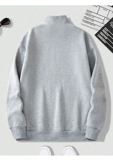 Harmandar Gri Erkek Korece Baskılı Dik Yaka Yarım Fermuarlı Kazak Sweatshirt Korecegridikyaka