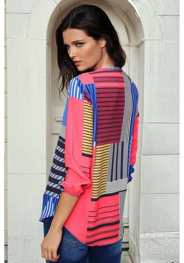 Mix Çizgili, Renk Blok Desenli, Şık Bluz Mix