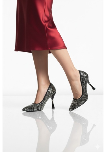 Siyah Taş İşlemeli İnce Topuklu Kadın Abiye Ayakkabı Pc-55020 Z Siyah