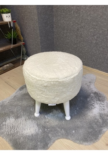 Asedia Miskin Lake Teddy Krem Ahşap Ayaklı Peluş Puf Makyaj Koltuğu Yuvarlak Tabure