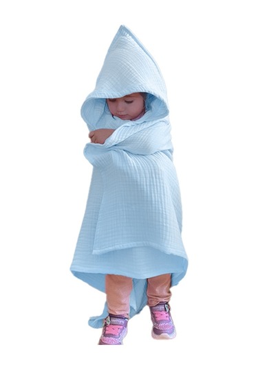 4 Katlı Müslin Kapşonlu Bebek Çocuk Banyo Havlusu Kundak Mavi