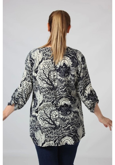 Moda Berray 3295 Lacivert Krem Karışık Desenli Viscon Kumaş Gömlek Siyah