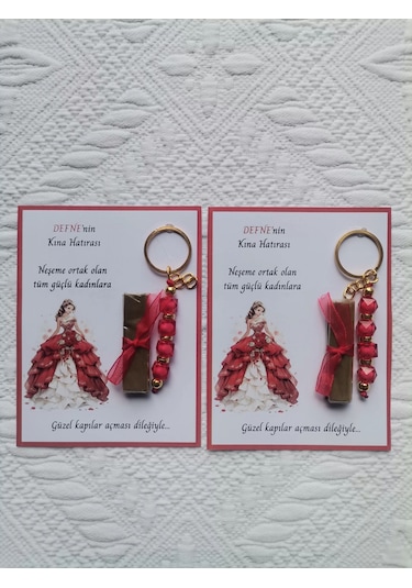 100 Adet Kişiye Özel Kına Hatırası Dağıtmalık Hediyelik Kırmızı Anahtarlık Ve Paketlenmiş Kına