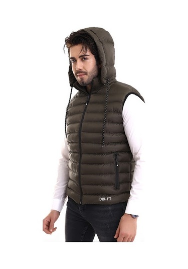 Erkek Iç Cepli Çıkartılabilir Fermuarlı Kapüşon Şişme Yelek Haki