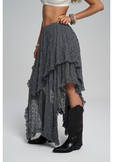 Mireya Asimetrik Antrasit Dantel Etek Antrasit