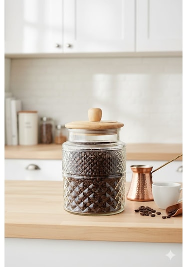 Themia Ahşap Kapaklı Cam Kavanoz & Erzak Saklama Kabı Seti 1800 Cc Vakum Kapak Şeffaf