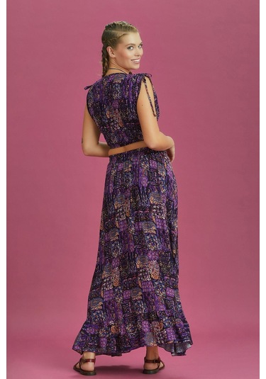 Derin Ön Yırtmaçlı Fırfırlı Desenli Çingene Etek 001