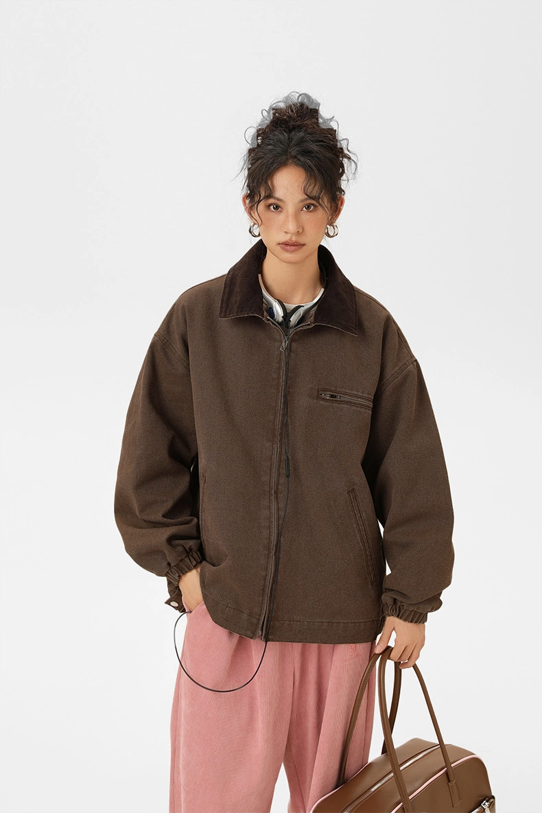 Snapbuy Yıkanmış Denim Ceket, Amerikan Retro Stili, Kontrast Yakalı, Bol Kesim Kahverengi