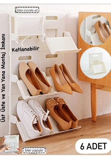 6 Adet Lyon Ayakkabı Rafı Dikey Istiflenebilir Yerden Tasarruflu Krem