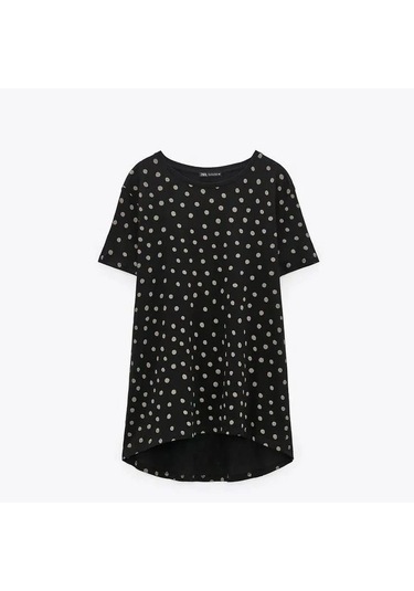 Escbutik Kadın Oversize Geniş Kalıp Puantiyeli Tişört T-shirt SIYAH