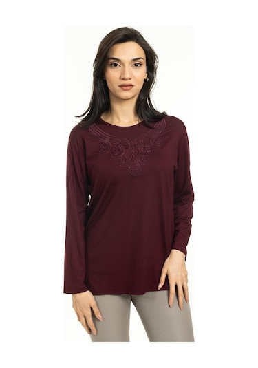 Kadın Orta Yaş Ve Üzeri Yeni Model Yuvarlak Yaka Likralı Anne Penye Bluz 30550-Bordo