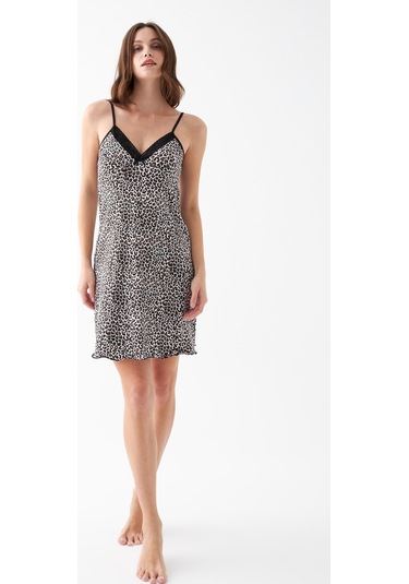 Akbeniz Kadın Kahve Leopar Desenli Dantel Detaylı İp Askılı Gecelik Kahve