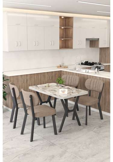 Gnr 70x110cm Sabit Efes Mutfak Masası Takımı, Yemek Masası, 4 Modern Cappucino Sandalye Cappuccino