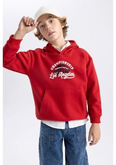 DeFacto Erkek Çocuk Baskılı Kanguru Cepli Kapüşonlu Sweatshirt B7821A8NSBR66 Bordo