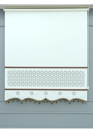 Lazer Stor Perde Kahve Çıta Ve Boncuk Detaylı - Kalın Mat Stor Ekru