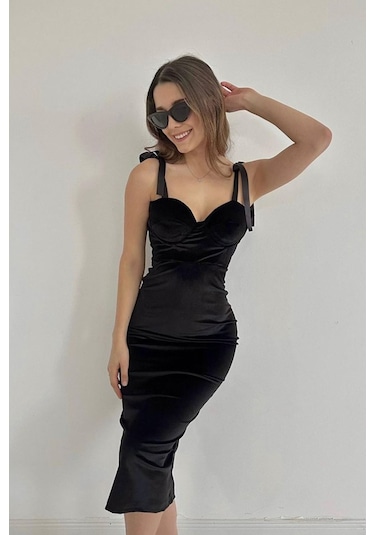 Siyah Saten Askılı Kadife Elbise Siyah